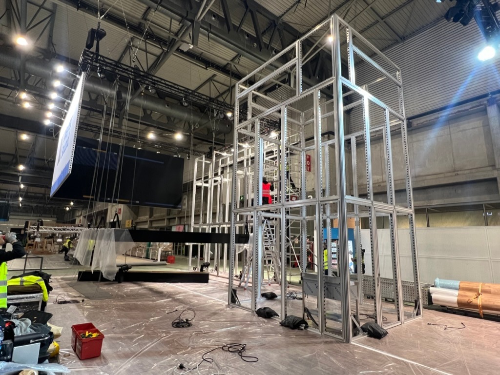 Large aluminum exhibit structure during installation